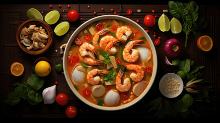 Fototapeta na wymiar knolling photograph of Tom Yum Kung Thai food 