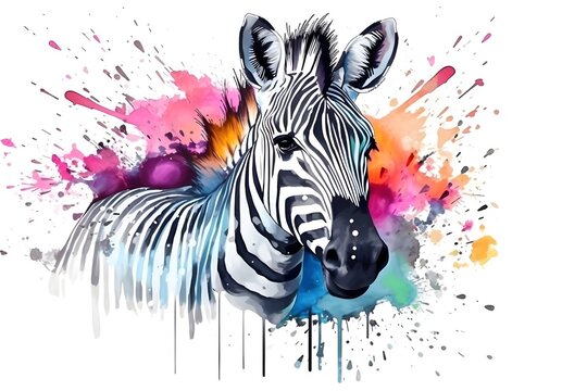 Watercolor zebra head with color splashes on white background. Generative AI.