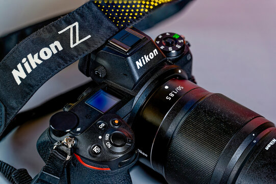 Berlin, Germany - February 21, 2022: View to the front of a camera with controls.