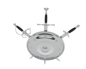 Shield with swords isolated on transparent background. 3d rendering - illustration