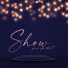 Product display with light garlands. Podium. Empty scene with light effect.