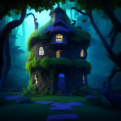 An animated beautiful ghost house in the dense forest.