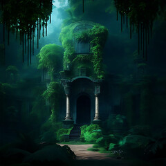 An animated beautiful ghost house in the dense forest.