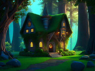 An animated beautiful ghost house in the dense forest.