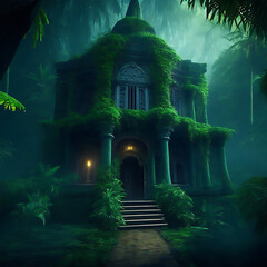 An animated beautiful ghost house in the dense forest.