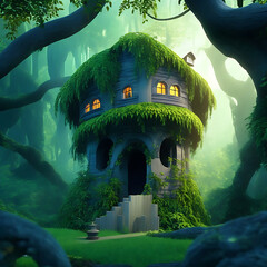 An animated beautiful ghost house in the dense forest.