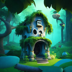 An animated beautiful ghost house in the dense forest.