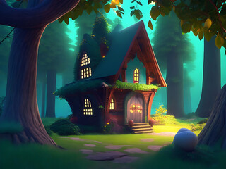 An animated beautiful ghost house in the dense forest.