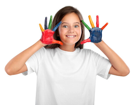 Little child with hands in colored paint
