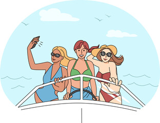 Happy girls in biking on yacht