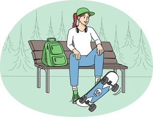 Teen girl with skateboard sitting on bench