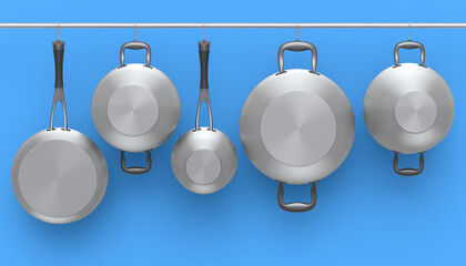 Set of stewpot, frying pan and chrome plated cookware hanging on shelf on blue