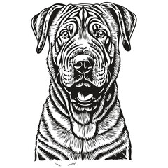 Chinese Shar Pei dog realistic pet illustration, hand drawing face black and white vector sketch drawing