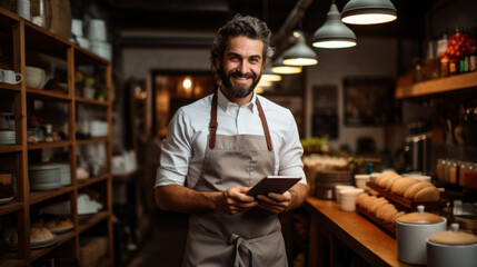 Restaurant chef orders groceries to kitchen using tablet computer created with generative AI technology - obrazy, fototapety, plakaty