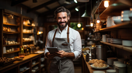 Restaurant chef orders groceries to kitchen using tablet computer created with generative AI technology