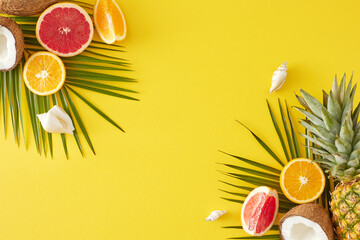 Coastal summer holiday idea inspired by the fruits. Top view shot of pineapple, coconuts, juicy citrus, seashells, palm leaves on yellow background with blank space for promo or text