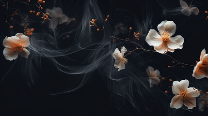 Fresh Beautiful white flowers dark composition. Flat lay, top view, copy space, AI Generation