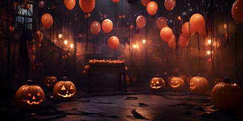 salle décorée pour halloween avec des ballons noirs et oranges
