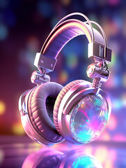 Music studio with pink purple background with  dj headphones, AI Generation