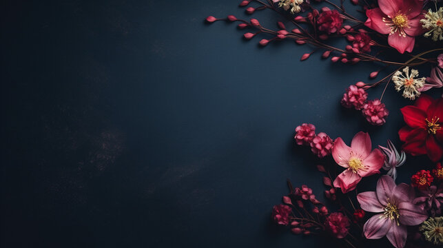Fresh Beautiful pink flowers dark composition. Flat lay, top view, copy space, AI Generation