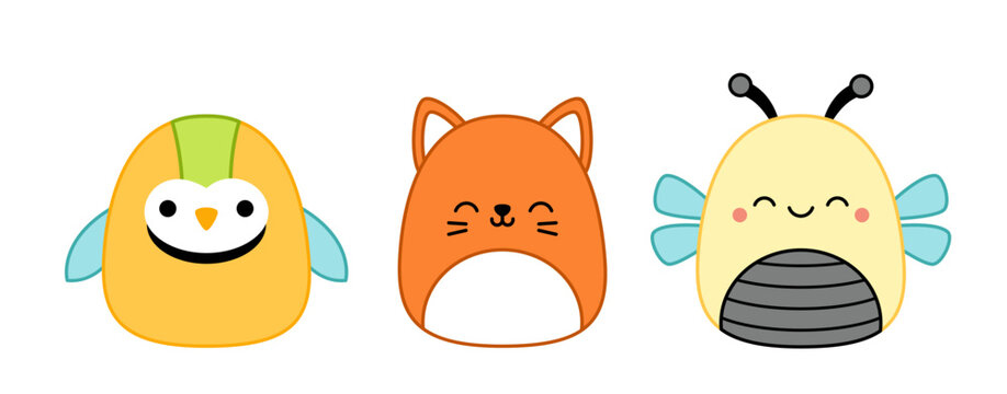 Red cat, bee, parrot. Squishmallow. Cute soft plush toy Pillow Cartoon kawaii vector