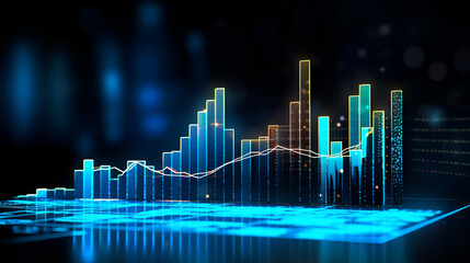 Blue and cyan neon bars chart, business growth and development and financial and investment data analysis. created AI