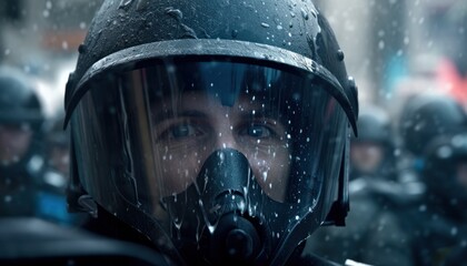 portrait of a policeman in a protective helmet and mask at a demonstration.Generative AI