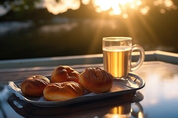 Fresh buns on a tray and a mug of tea in the morning sun. Breakfast in nature. Generative ai