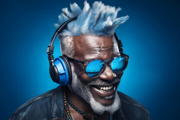 Black man listening to music in headphones, ai generative illustration