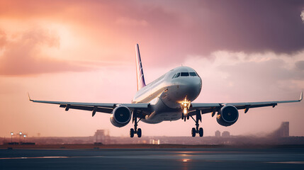Fototapeta premium Side view close-up Passenger plane landing on the runway of a modern airport in the city against the backdrop of a storm and a sunset in pink and purple tones. Generation AI