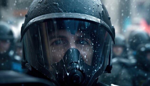 portrait of a policeman in a protective helmet and mask at a demonstration.Generative AI