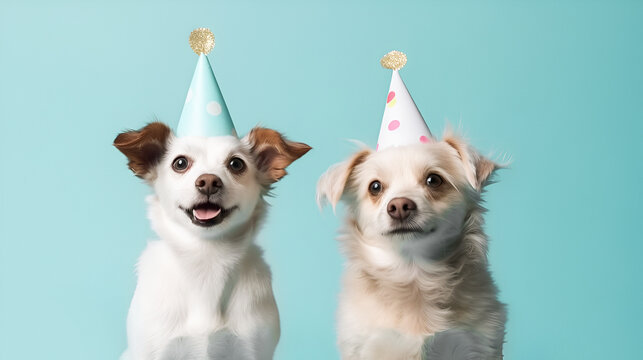 Two cute Chihuahua puppies in birthday cap celebrating a birthday, sitting on a blue studio background with copy space. happy birthday card with pets.
