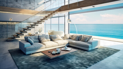Fototapeta premium 3D render, Modern Interior Ocean Concept: Embracing the Timeless Elegance and Tranquility of Aesthetics, Creating a Harmonious Fusion of Indoor and Outdoor Spaces