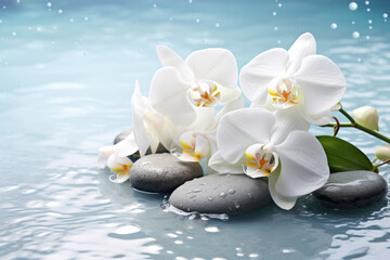 Fototapeta na wymiar White orchid flowers in water, spa concept Generative AI