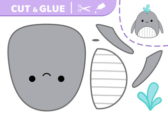 Whale. Squishmallow. Cut and glue. Applique. Paper game Kawaii vector