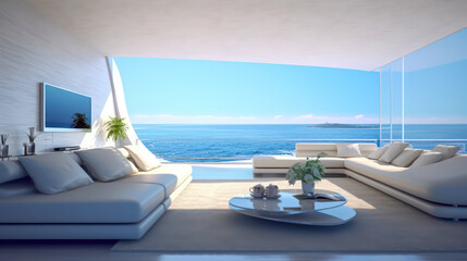 Fototapeta na wymiar 3D render, Modern Interior Ocean Concept: Embracing the Timeless Elegance and Tranquility of Aesthetics, Creating a Harmonious Fusion of Indoor and Outdoor Spaces