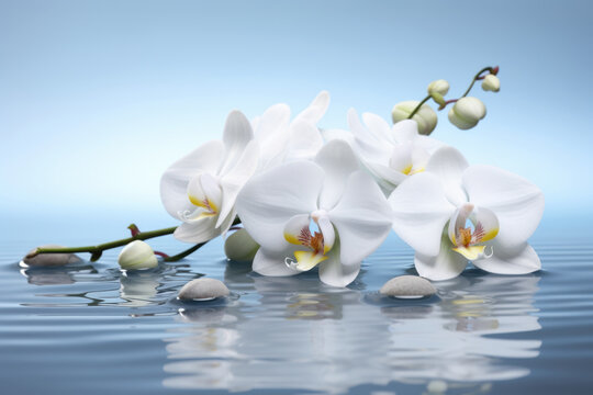 White orchid flowers in water, spa concept Generative AI