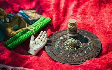  Illustration of witch altar. Concept of destiny and prediction. Magic and energy, wicca and pagan stuff. Alternative healing medicine