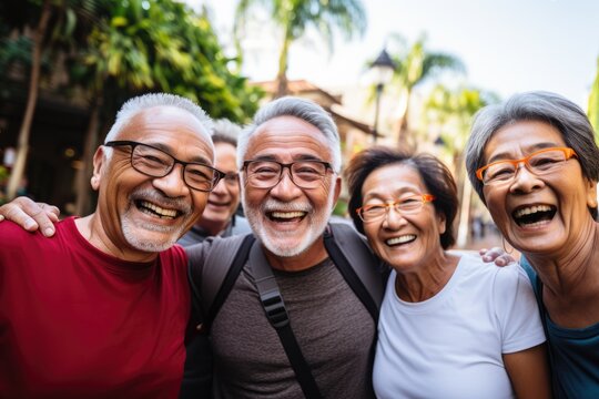 group of laughing happy old senior asian citizens looking at the camera 