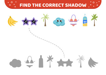 Summer elements. Find the correct shadow. Banana, palm, cream. Shadow matching game. Cartoon, vector