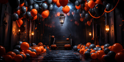 salle décorée pour halloween avec des ballons noirs et oranges - obrazy, fototapety, plakaty