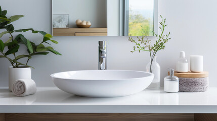 Stylish white sink in modern bathroom interior - obrazy, fototapety, plakaty