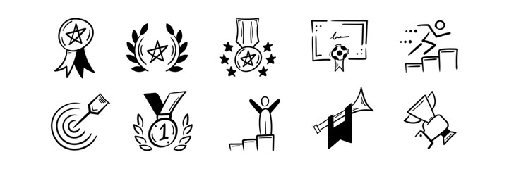 Hand drawn doodle set of success, goal, award, medal, ribbon, certificate, winner, fanfare, reward. Vector icon illustration