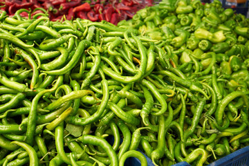 Green peppers in crates at the farmers' market