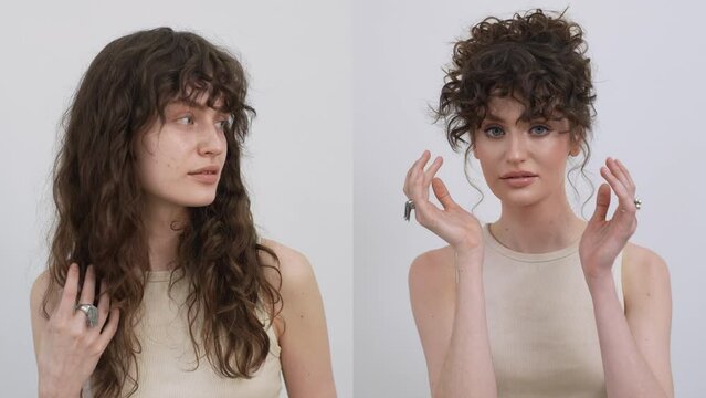 Studio portrait of attractive young woman fixing hair with hand, posing without makeup and with professional make up and stylish hairstyle, looking at camera on white isolated background, slow motion.