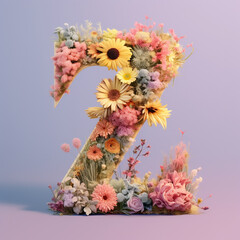 Floral Typography of the Letter Z - Beautiful Pastel Flowers Arranged over a Wooden "Z" with Calm, Muted Colors - Generative AI