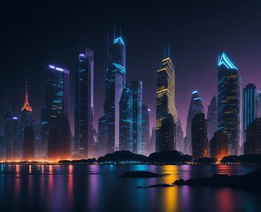 Obraz premium Captivating cityscape with illuminated skyscrapers and reflective office buildings at night.