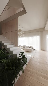 3d animation video, modern light living room and kitchen in minimalist style interior design 3d render with  cozy sofa, staircase, chairs, coffee table and plants	