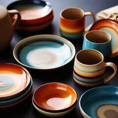 multi-colored earthenware, decorative plate set for food. Eco-friendly tableware. Generative AI
