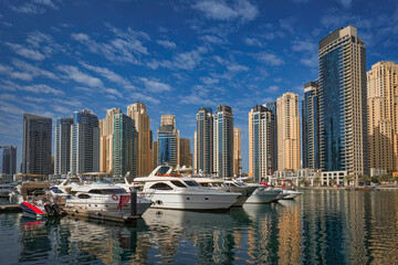 Fototapeta na wymiar United Arab Emirates, Dubai Marina skyline cityscape from the bay.